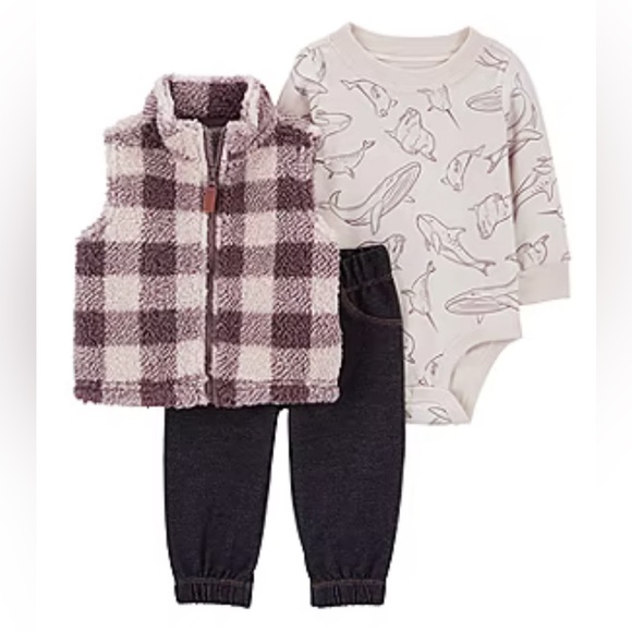 🆕 Carter's Baby Boy Whale Plaid 3-pc. Pant Set in 3 Months - Picture 1 of 5